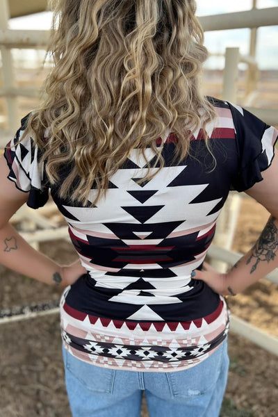 Aztec Ruffle Short Sleeve Top