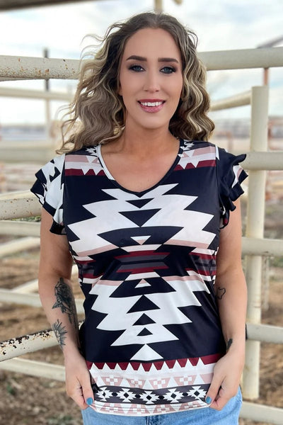 Aztec Ruffle Short Sleeve Top