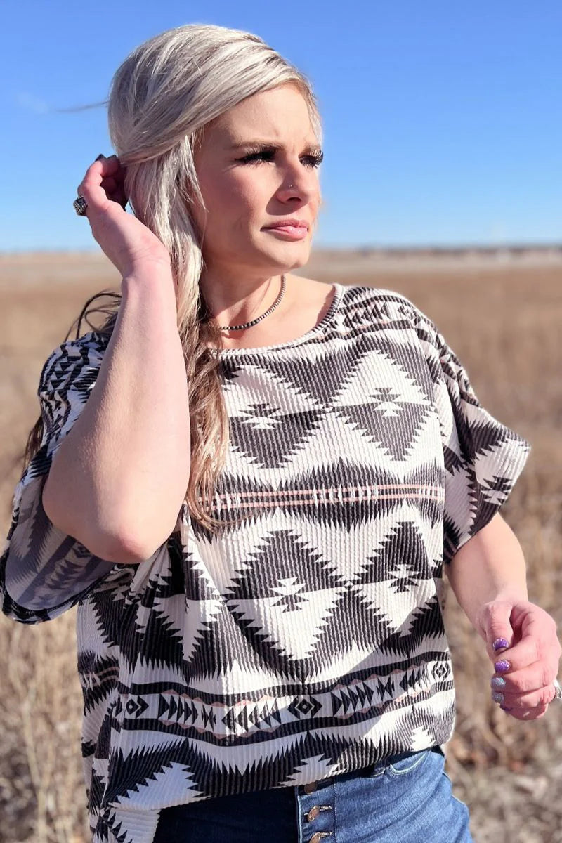 Oversized Aztec Ribbed Short Sleeve Top