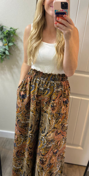 Smocked Waist Wide Leg Paisley Pants