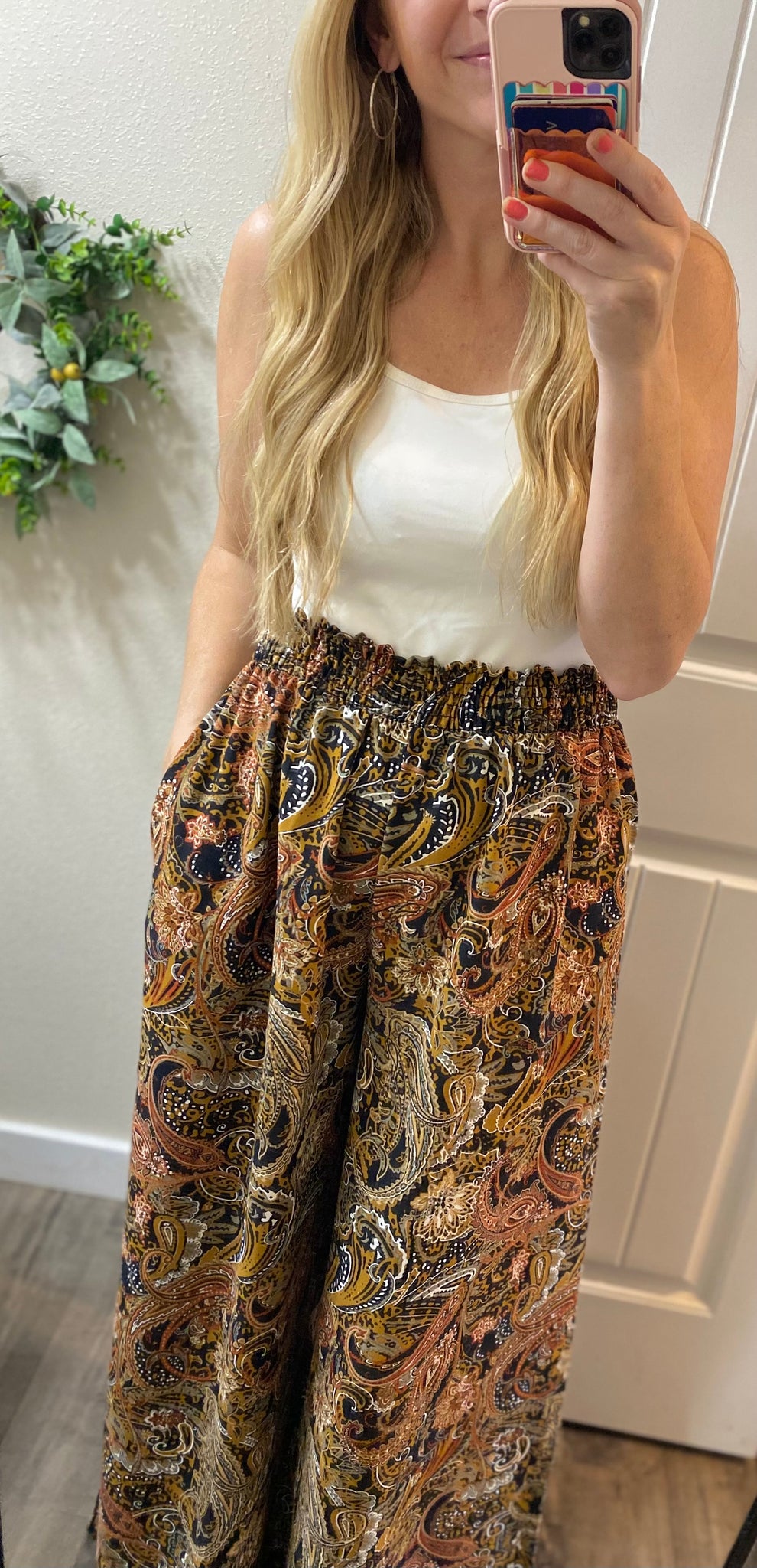 Smocked Waist Wide Leg Paisley Pants