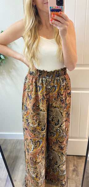 Smocked Waist Wide Leg Paisley Pants