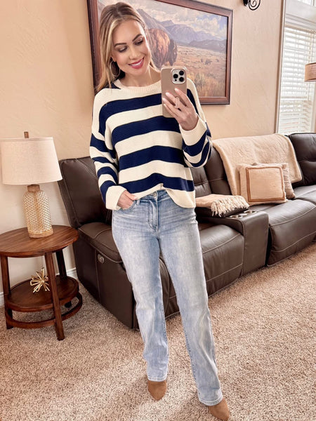 Cozy Co. Navy & Cream Striped Crewneck Sweater