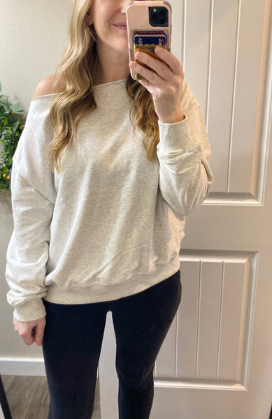 Birdie Off Shoulder Slouchy Pullover in Gray or Black