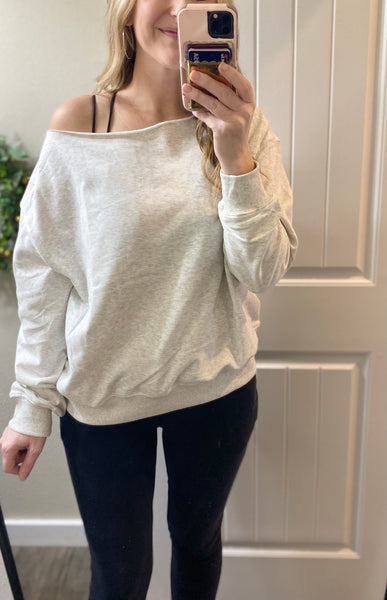 Birdie Off Shoulder Slouchy Pullover in Gray or Black