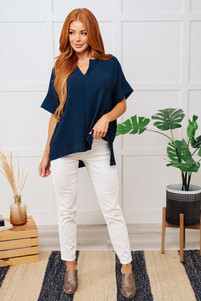 V-Neck Crinkle Dolman Sleeve Blouse in Navy