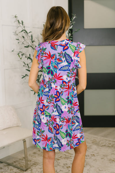 Flutter Sleeve Dress in Multi Leaf