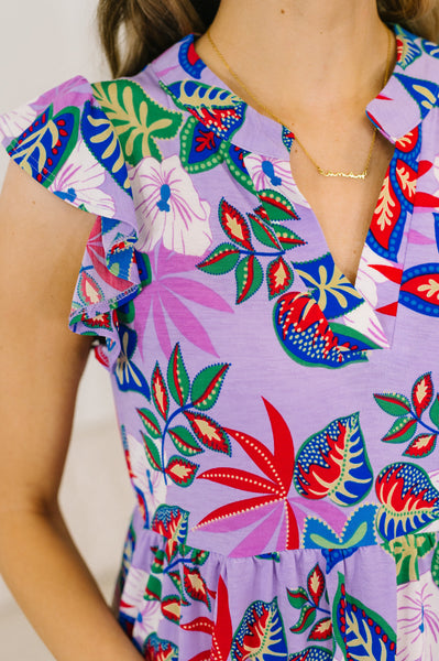 Flutter Sleeve Dress in Multi Leaf