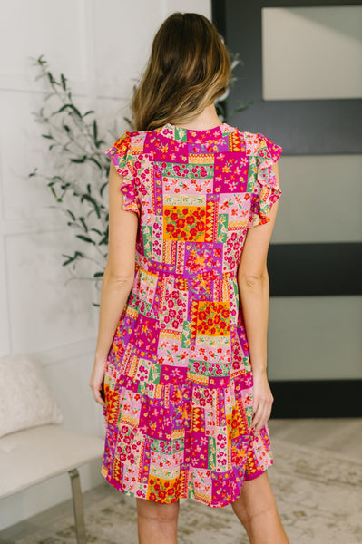 Flutter Sleeve Dress in Patchwork Floral