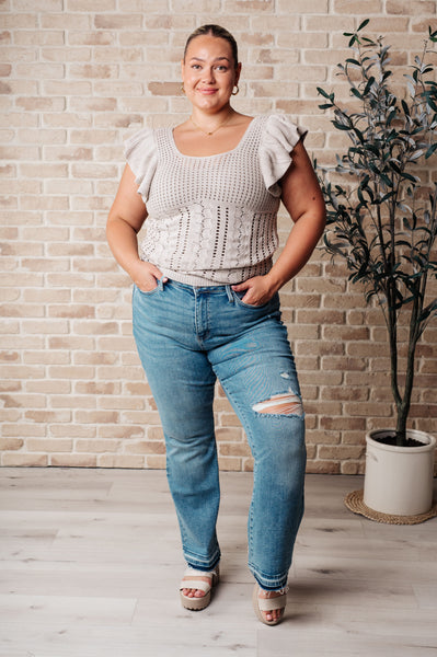 Pointelle Knit Flutter Sleeve Top