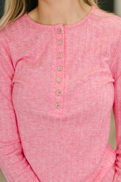 Soft Fuchsia Ribbed Button Long Sleeve
