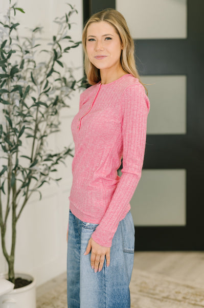 Soft Fuchsia Ribbed Button Long Sleeve
