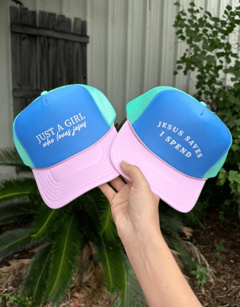 Just A Girl Who Loves Jesus Multi-Trucker Hat (Carolina Blue)