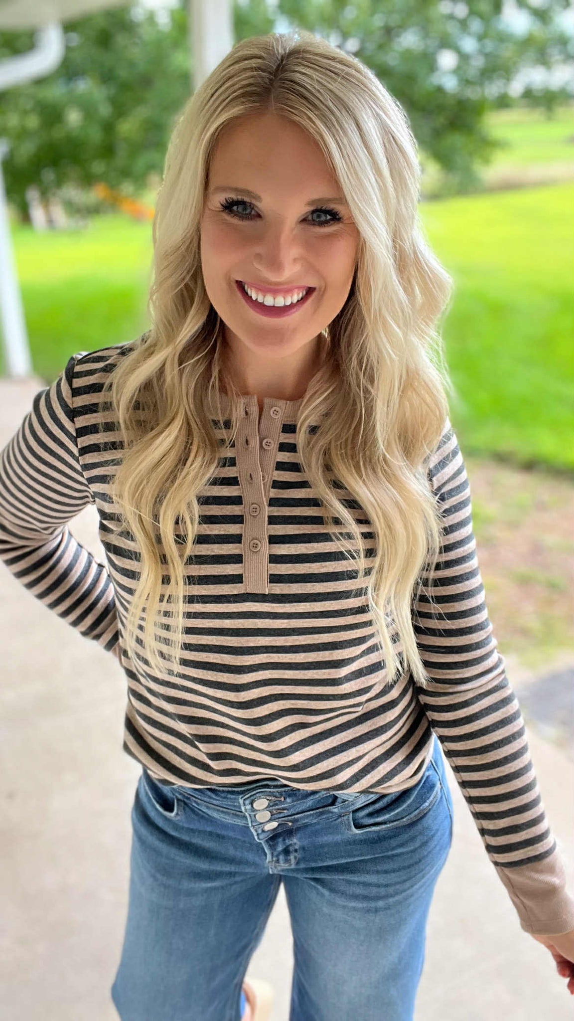 Mocha/Charcoal Strip Henley Long Sleeve