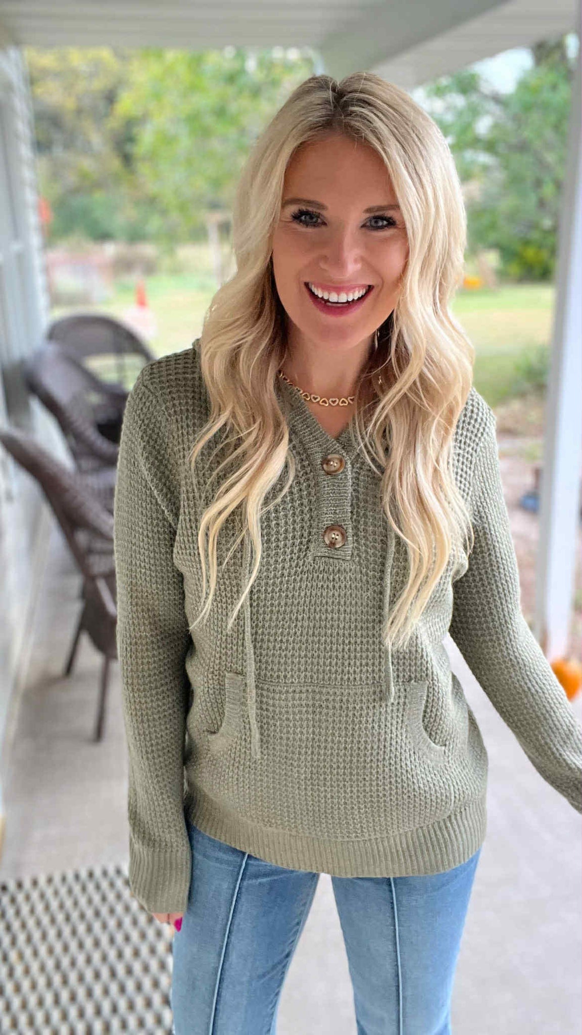 Sage Waffle Knit Hooded Sweater