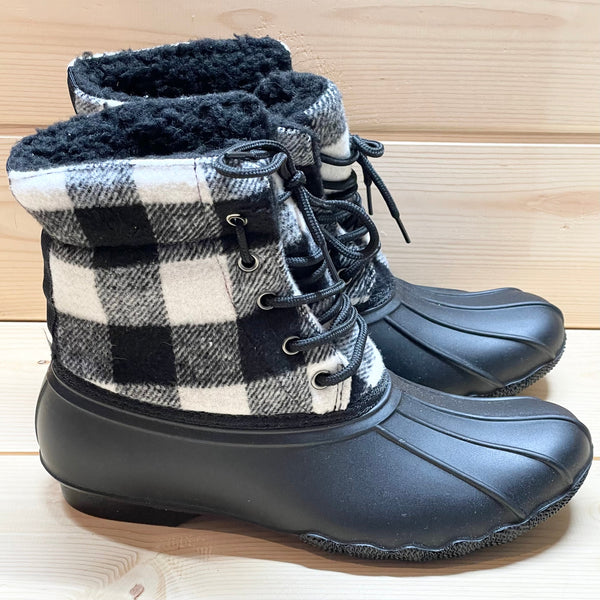 Gypsy Jazz "Slush" Black & White Plaid Boots-Shoes-Sunshine and Wine Boutique