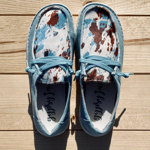 Gypsy Jazz "Mooma" Turquoise Cow Slip-on Shoes-Shoes-Sunshine and Wine Boutique