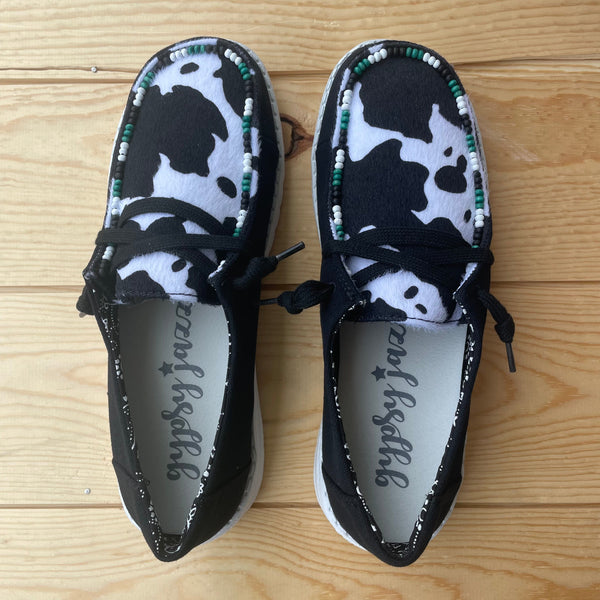 Gypsy Jazz "Clarissa" Black & White Cow Slip-on Shoes-Shoes-Sunshine and Wine Boutique