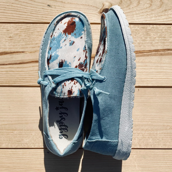 Gypsy Jazz "Mooma" Turquoise Cow Slip-on Shoes-Shoes-Sunshine and Wine Boutique