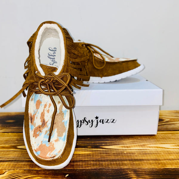 Gypsy Jazz "Mooma Fringe" Tan & Turquoise Slip-on Shoes-Shoes-Sunshine and Wine Boutique