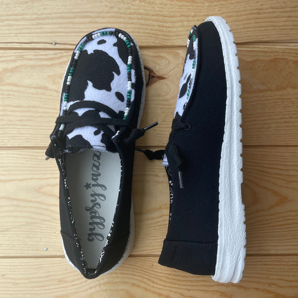 Gypsy Jazz "Clarissa" Black & White Cow Slip-on Shoes-Shoes-Sunshine and Wine Boutique