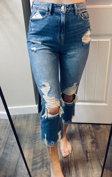 Midwash Tattered Straight Cropped Denim