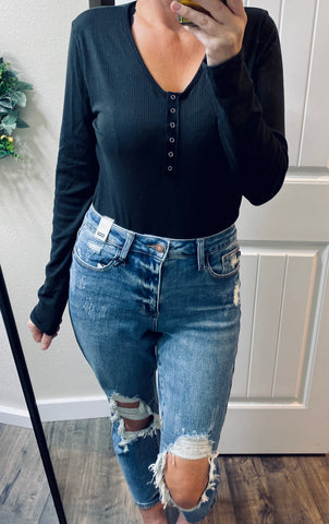 Black Wash Ribbed Henley Bodysuit