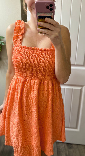 Coral Smocked Eyelet Dress