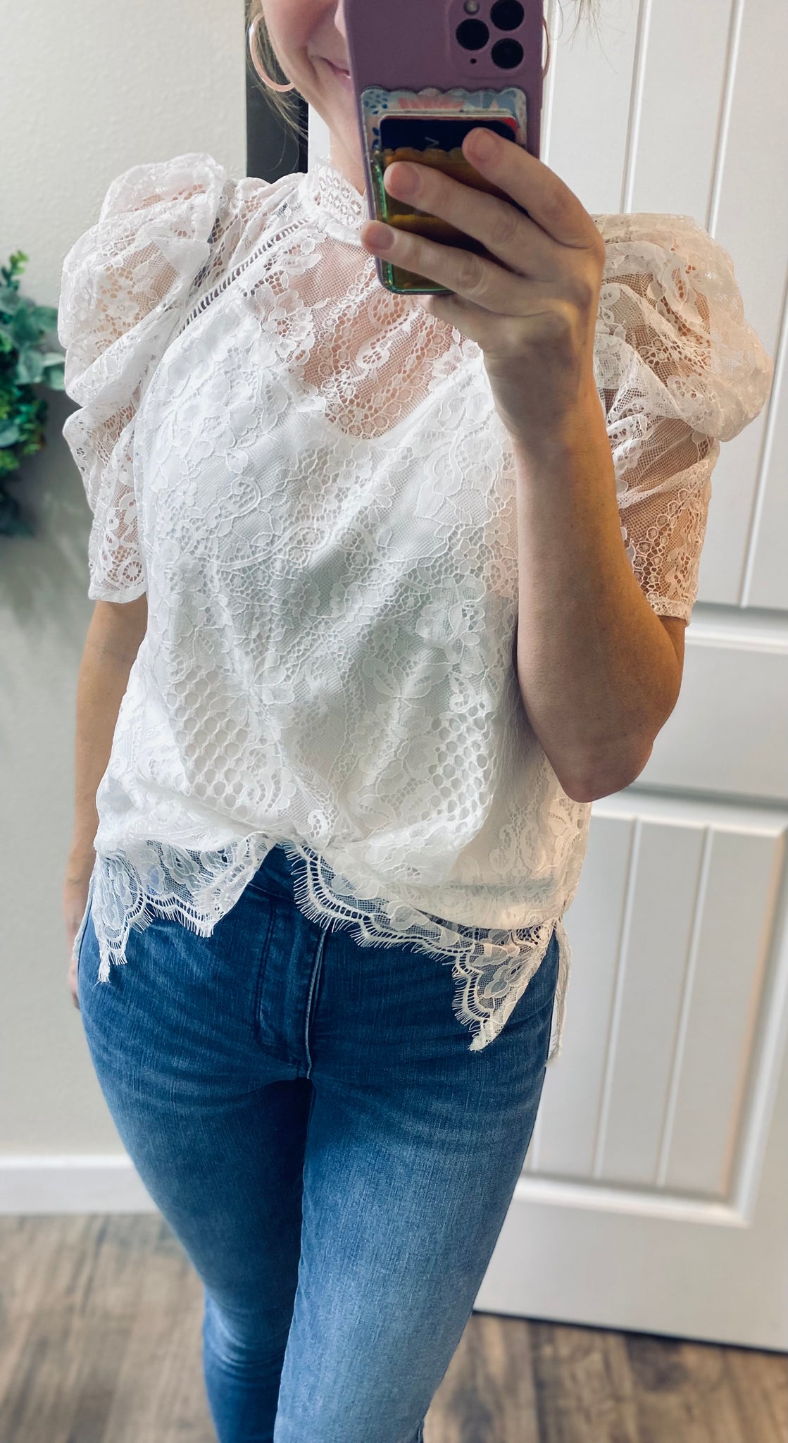 White Lace Puff Sleeve Blouse