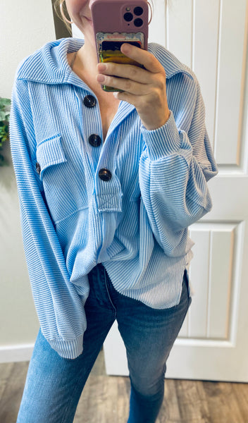 Sky Oversized Corded  Henley Pullover