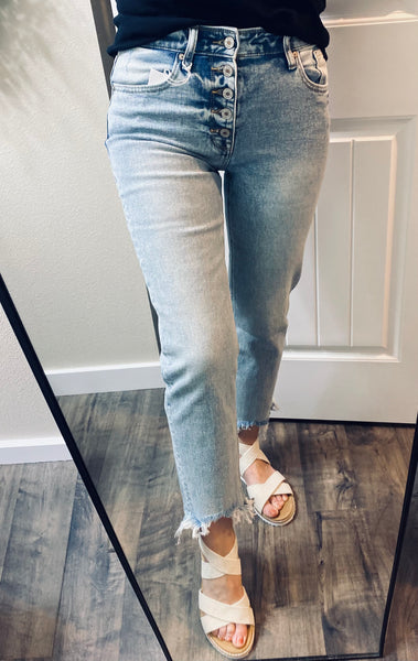 Kancan Lightwash Buttonfly Fray Hem Denim