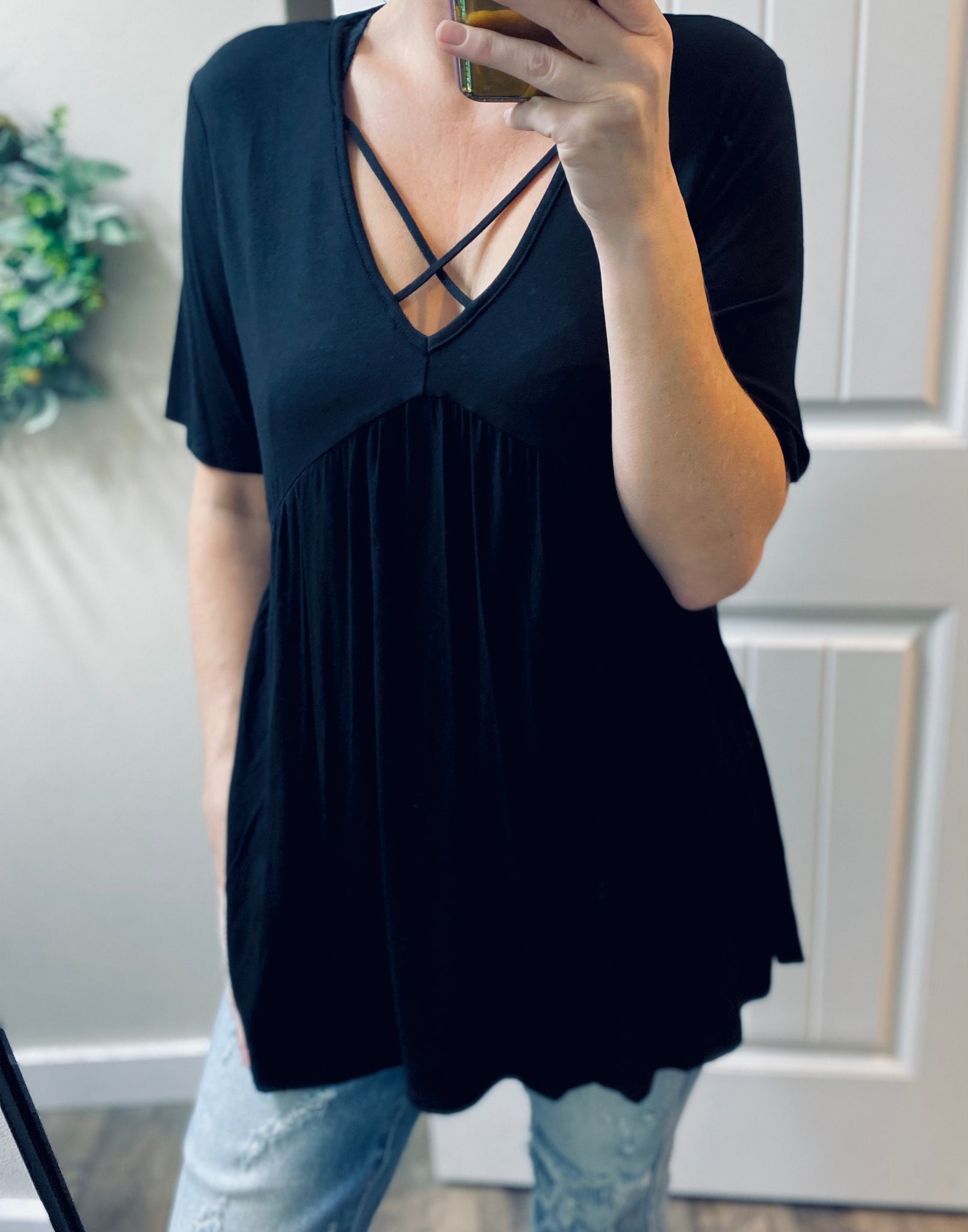 Black Cross Flowy Short Sleeve Top