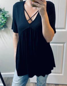 Black Cross Flowy Short Sleeve Top