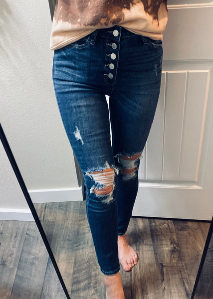 Judy Blue Darkwash Distressed Buttonfly Denim