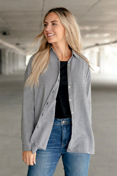 Mixed Houndstooth Button Up Top