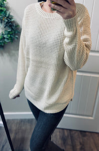 Ivory Waffleknit Hi-Low Sweater