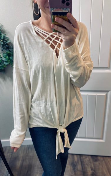 Cream Caged Front Tie Long Sleeve