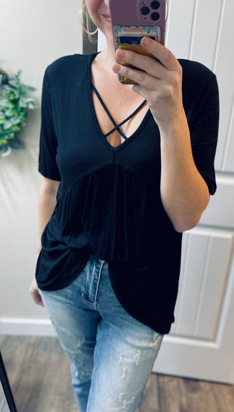 Black Cross Flowy Short Sleeve Top