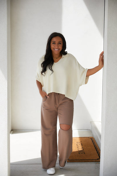 Wide Leg Distressed Sweats in Mocha