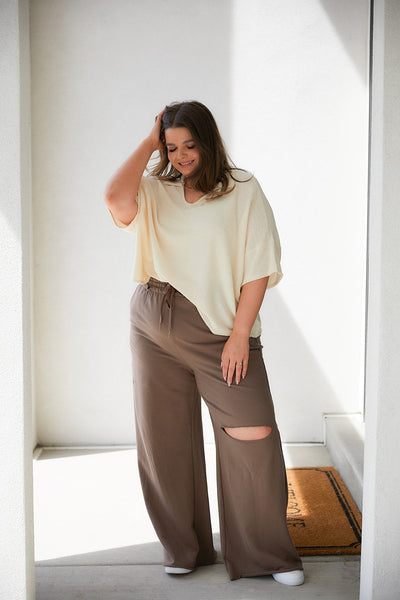 Wide Leg Distressed Sweats in Mocha