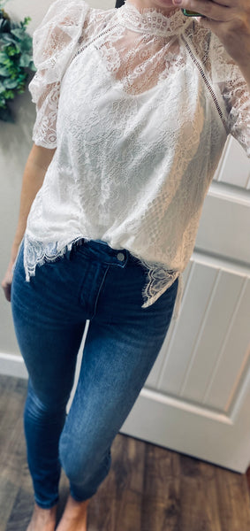 White Lace Puff Sleeve Blouse