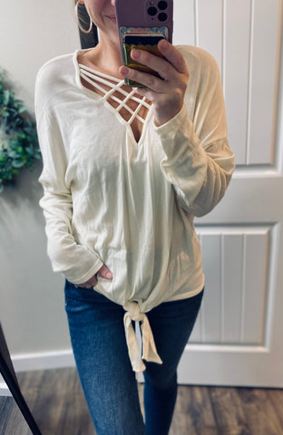 Cream Caged Front Tie Long Sleeve