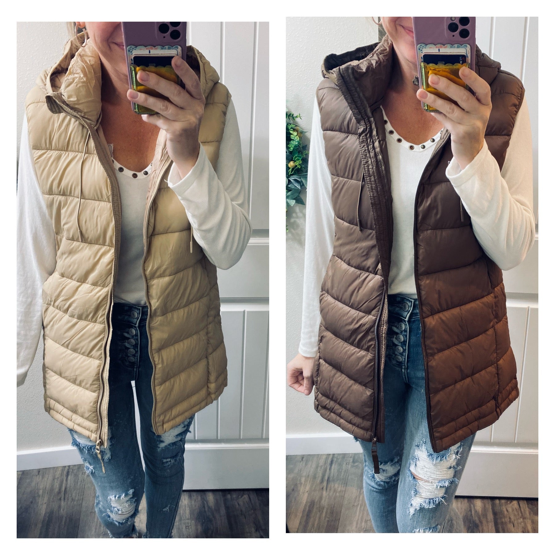 Beige and Brown Puff Hooded Vest