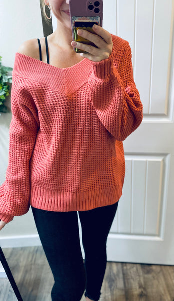Coral Pink Waffle V on/off Shoulder Sweater
