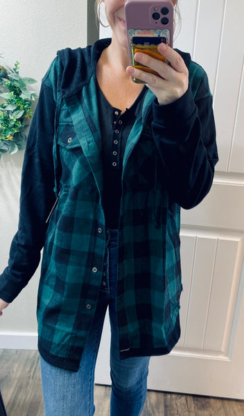 Green/Black Hooded Plaid Button-up