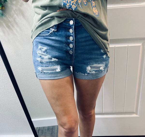 Kancan Pinstripe Distressed Buttonfly Shorts