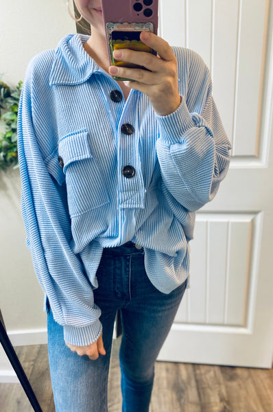 Sky Oversized Corded  Henley Pullover