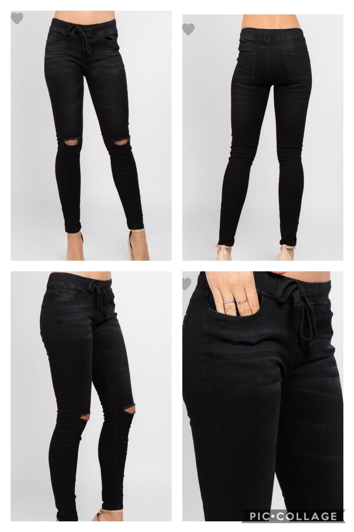 Pull On Distressed Knee Black Denim