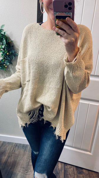Cream Frayed Distressed Oversize Sweater
