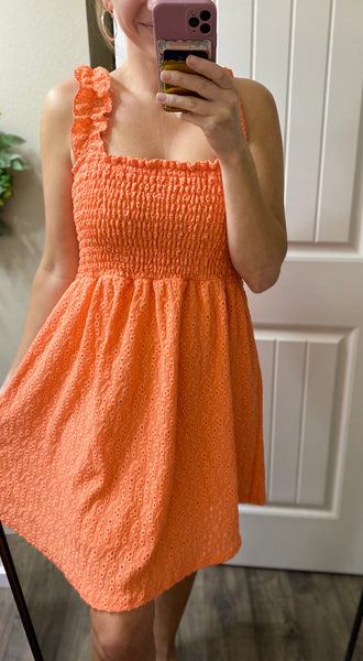 Coral Smocked Eyelet Dress